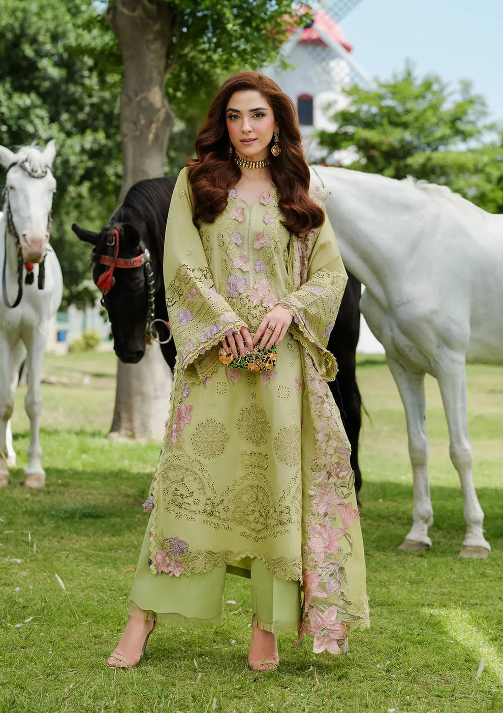 Pure Lawn Green Embroidered Dress - LL314