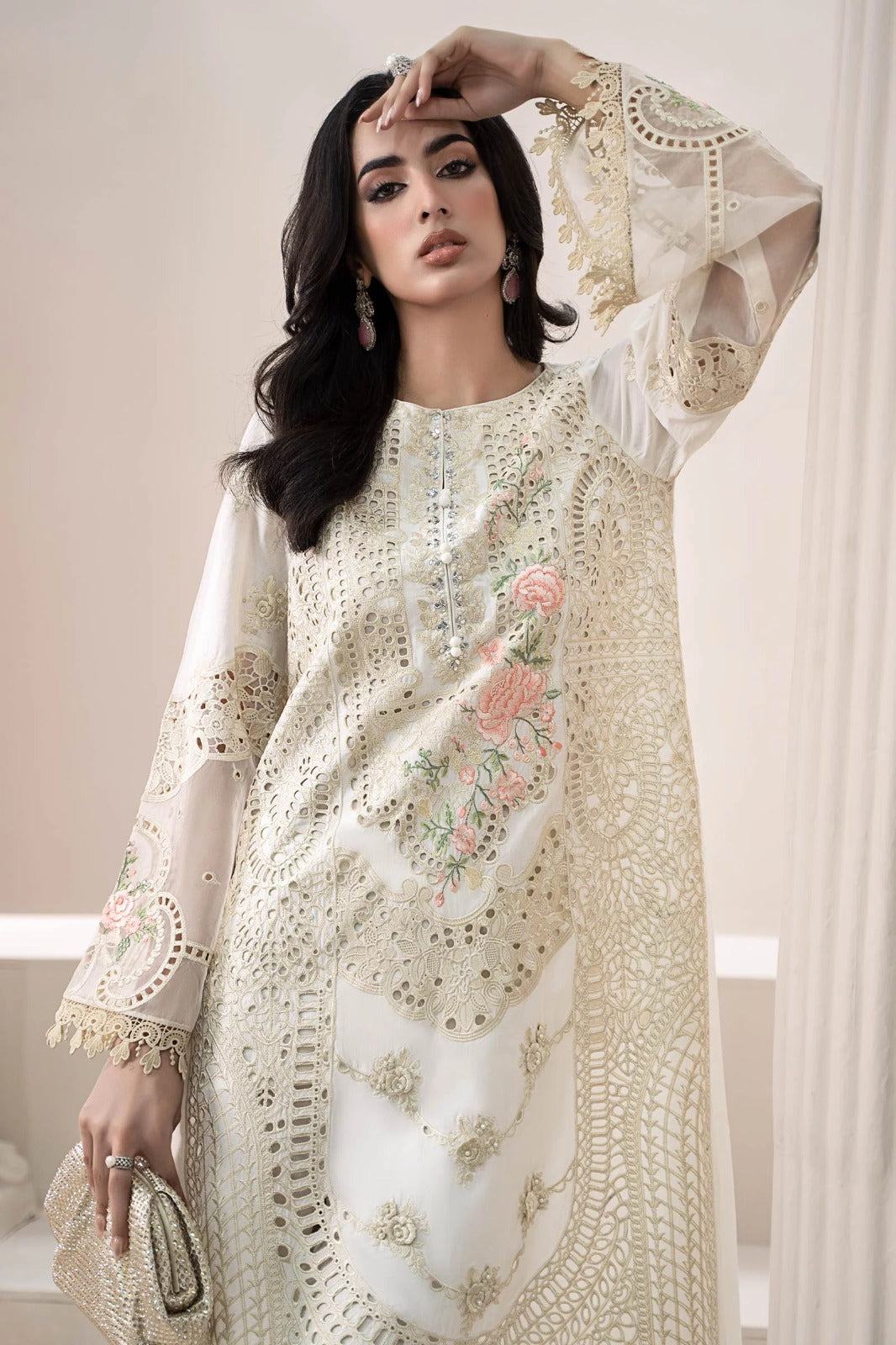 Pure Lawn Off White Embroidered Dress - LL313