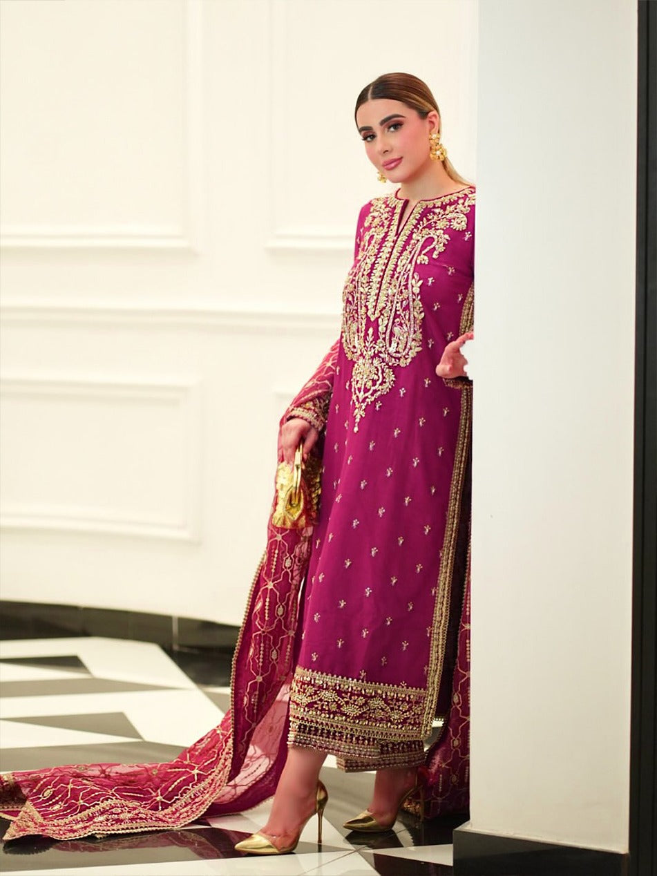 Pure Raw Silk Pink Embroidered Dress - WW315