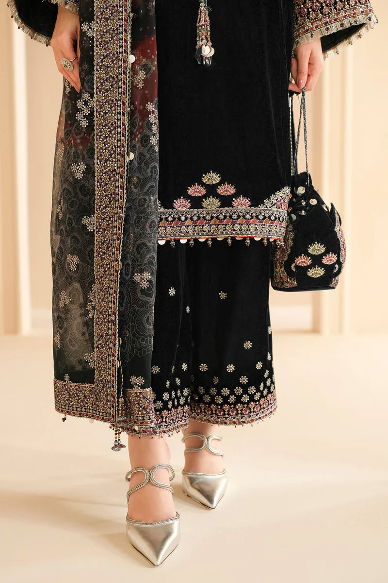 Pure Velvet Black Embroidered Dress with Hand Bag - VC015
