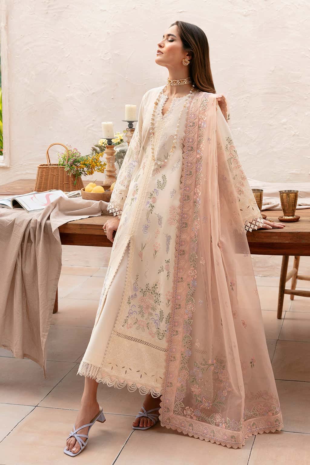 Pure Lawn Off White Embroidered Dress - LL263
