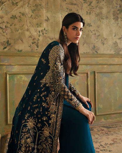 Pure Velvet Teal Blue Embroidered Dress - VC017