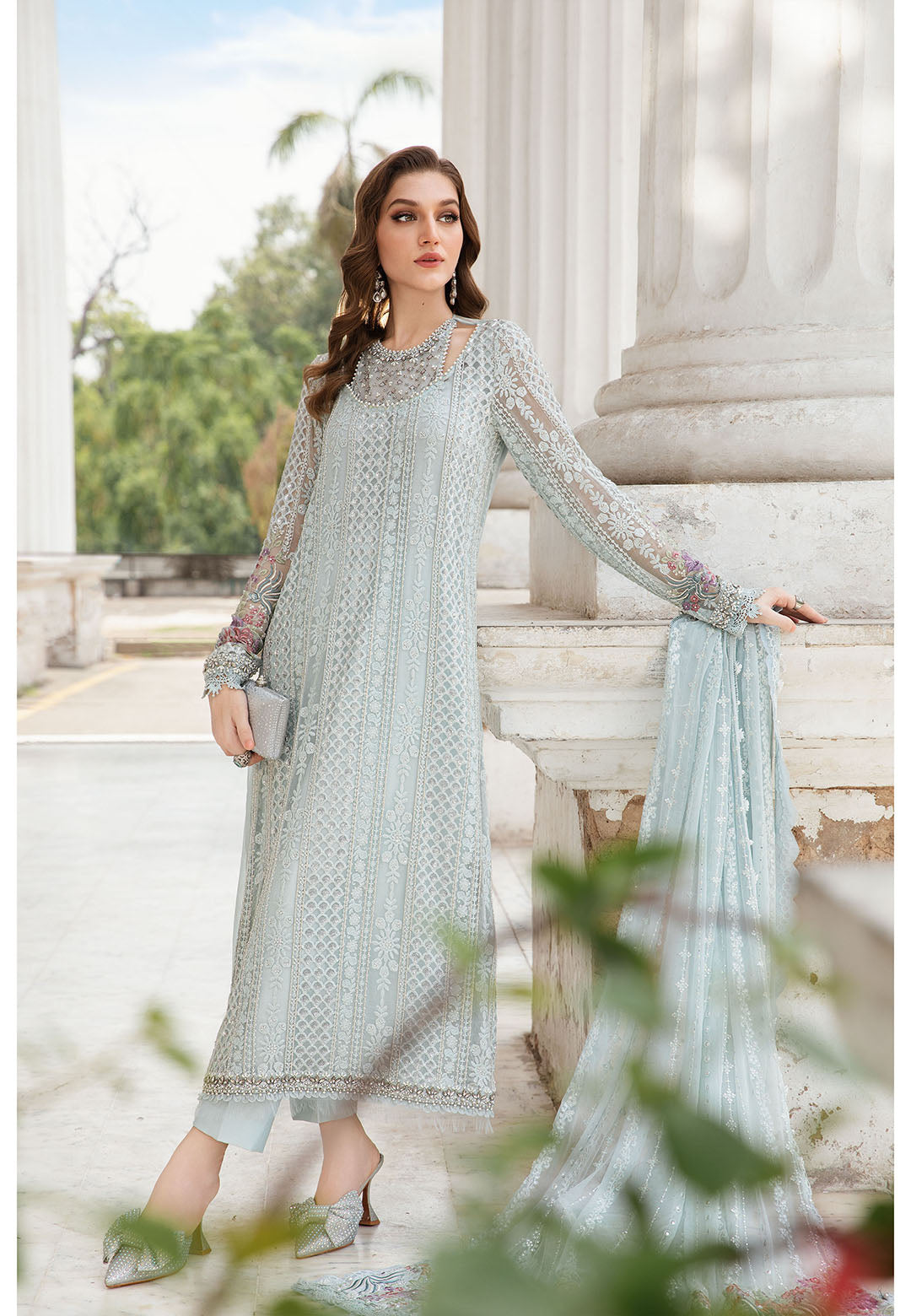 Pure Chiffon Sky Blue Embroidered Dress - WW306