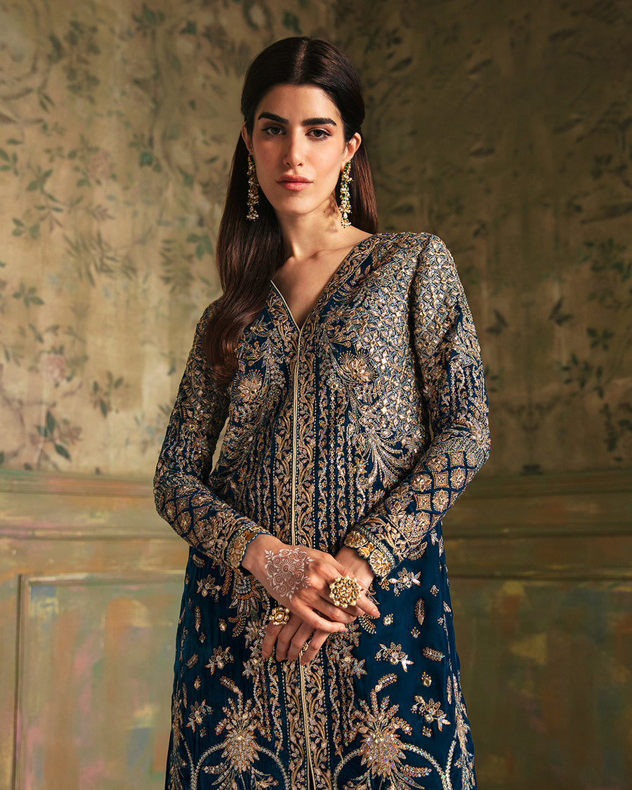 Pure Velvet Teal Blue Embroidered Dress - VC017