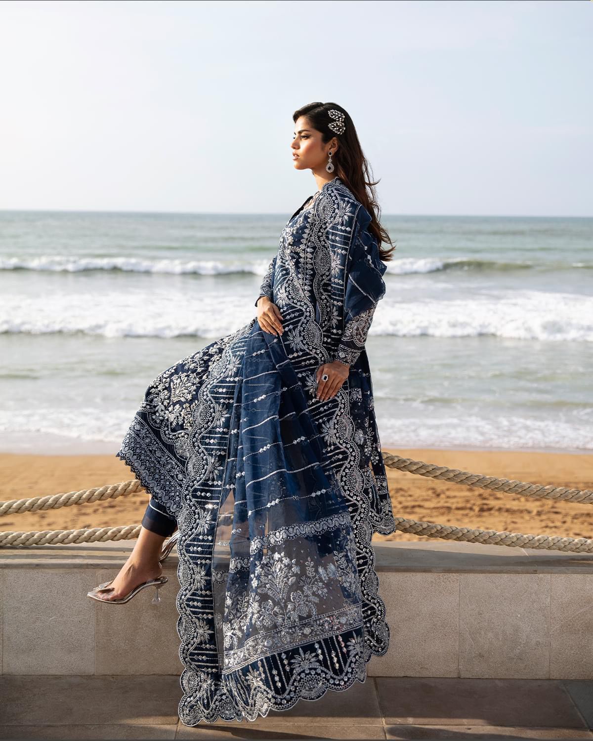 Pure Organza Navy Blue Embroidered Dress : WW205