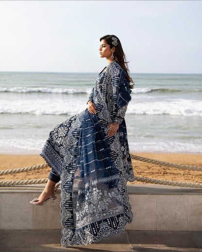 Pure Organza Navy Blue Embroidered Dress : WW205