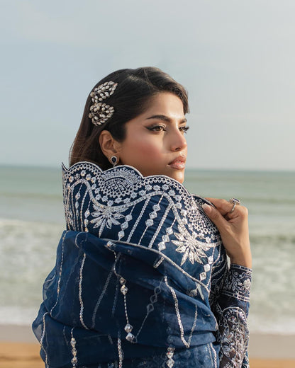 Pure Organza Navy Blue Embroidered Dress : WW205