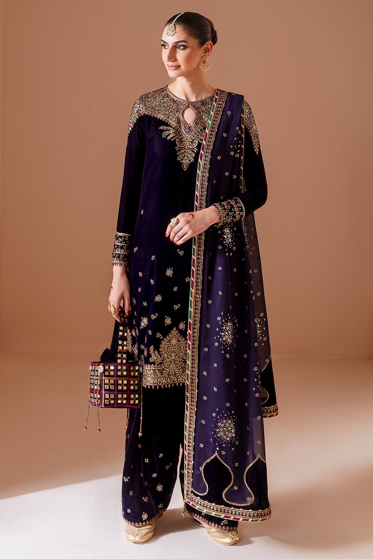 Pure Velvet Purple Embroidered Dress With Matching Hand Bag - VC022