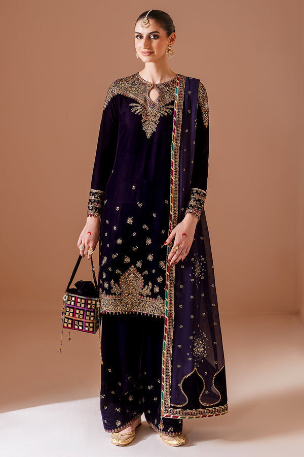Pure Velvet Purple Embroidered Dress With Matching Hand Bag - VC022