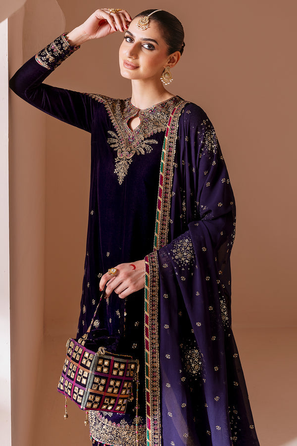 Pure Velvet Purple Embroidered Dress With Matching Hand Bag - VC022