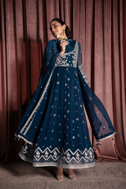 Pure Chiffon Navy Blue Embroidered Dress : PW214