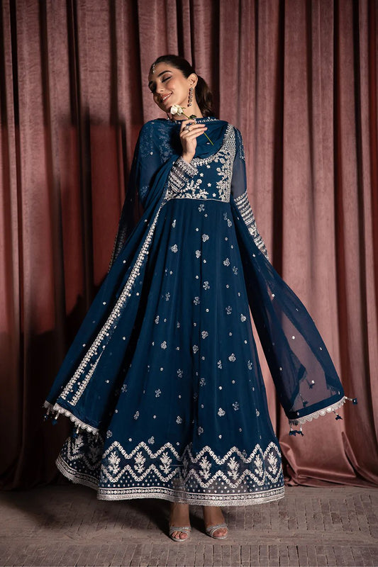 Pure Chiffon Navy Blue Embroidered Dress : PW214