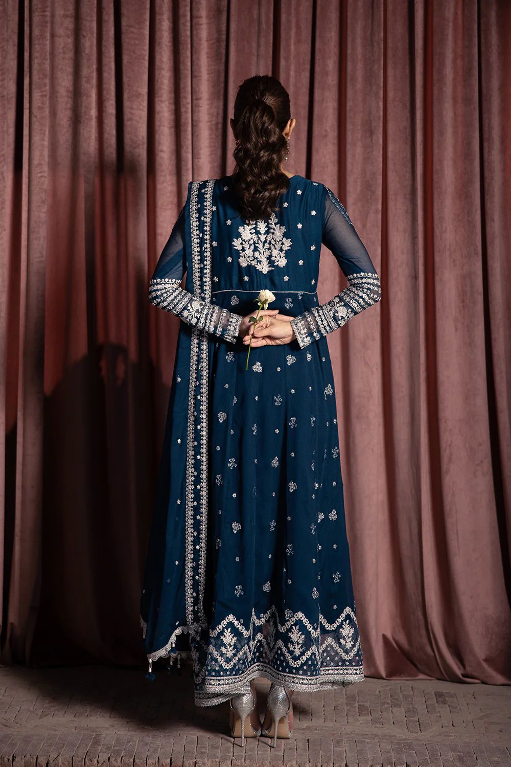 Pure Chiffon Navy Blue Embroidered Dress : PW214