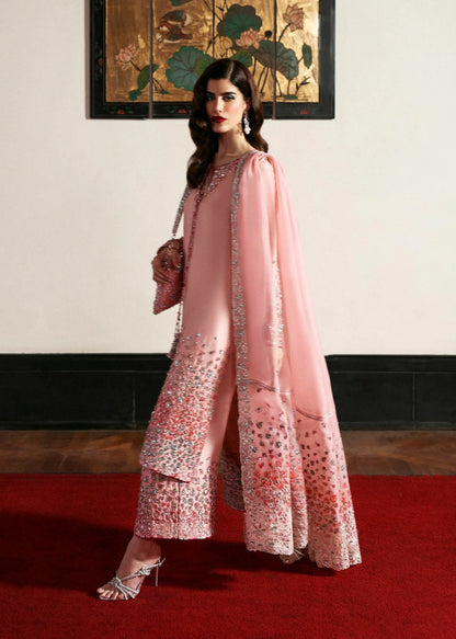 Pure Raw Silk Evara Blush Pink Embroidered Dress With Hand Bag - WW313