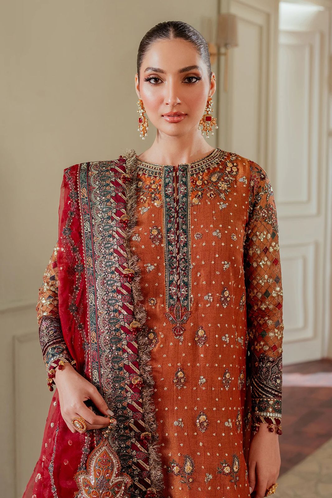 Pure Chiffon Orange Embroidered Dress - WW303