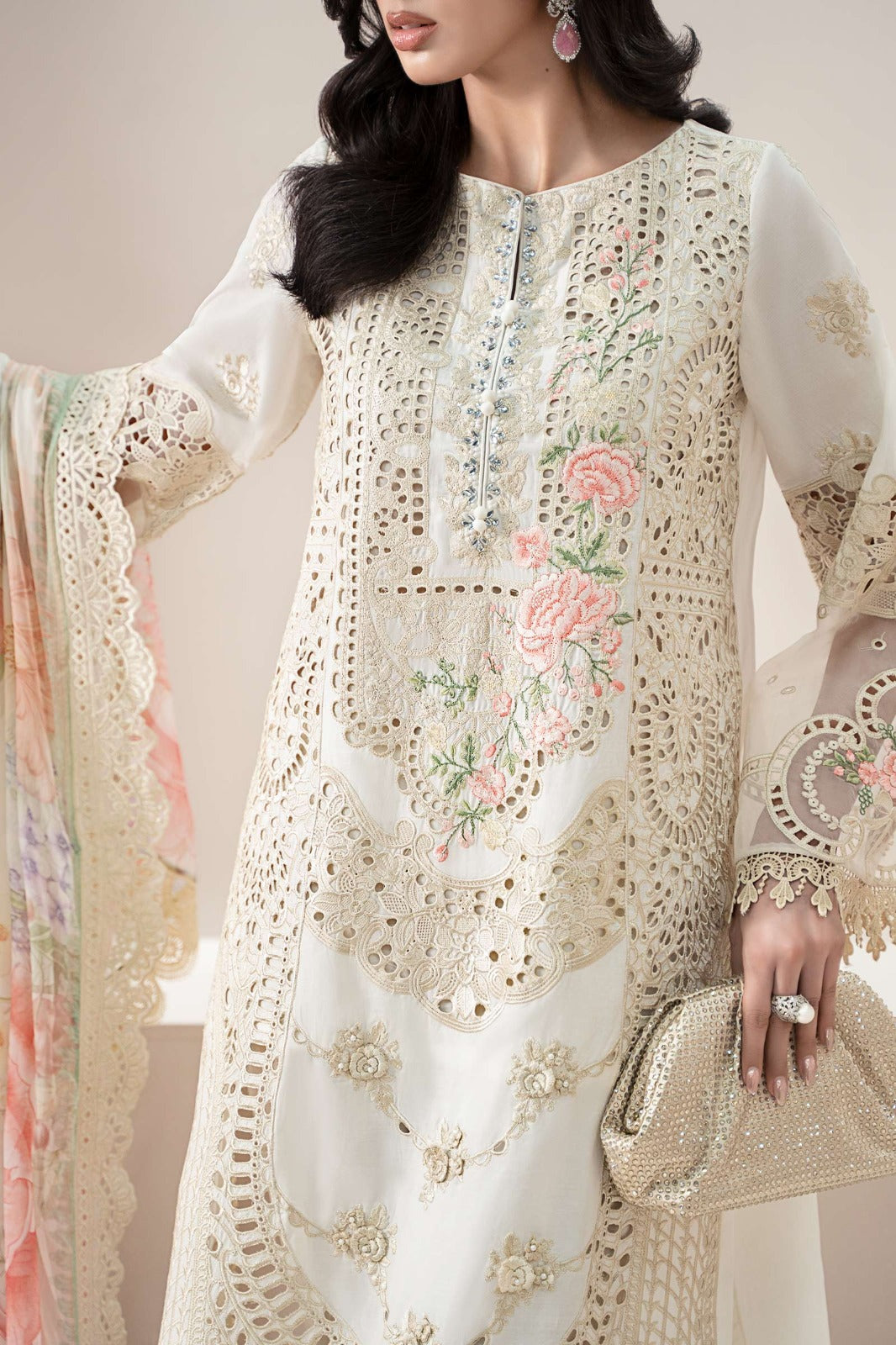 Pure Lawn Off White Embroidered Dress - LL313
