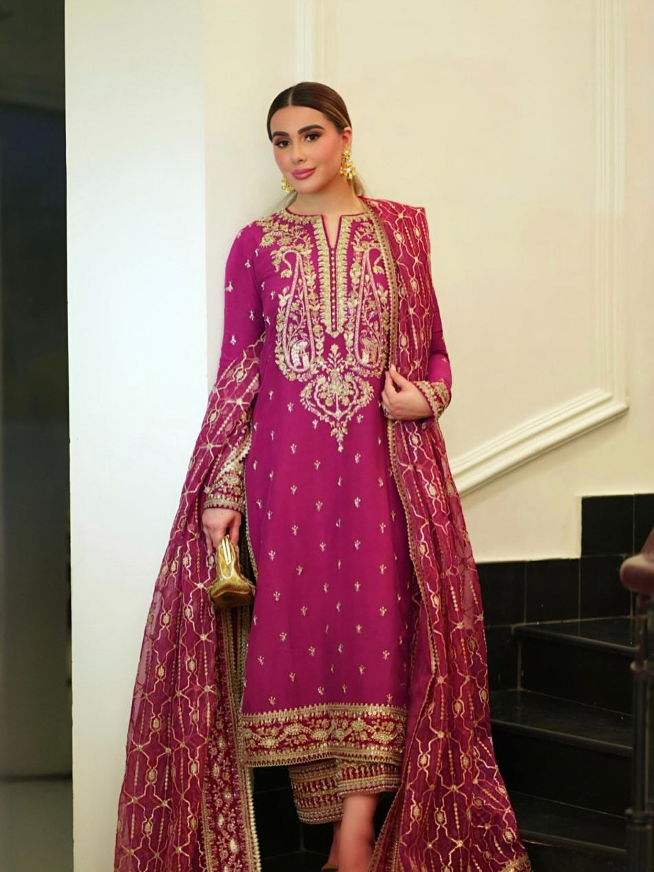 Pure Raw Silk Pink Embroidered Dress - WW315