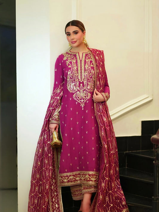 Pure Raw Silk Pink Embroidered Dress - WW315