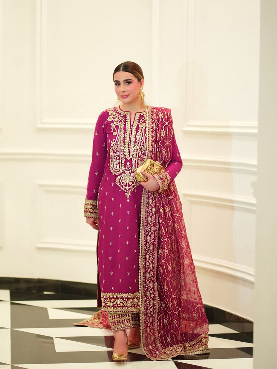 Pure Raw Silk Pink Embroidered Dress - WW315