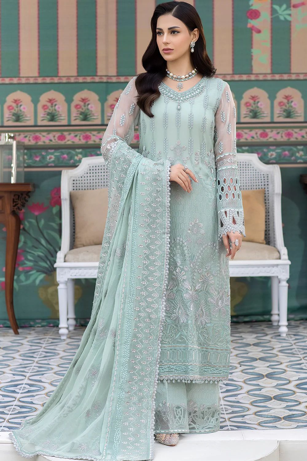 Pure Chiffon Sea Green Embroidered Dress : BSS056