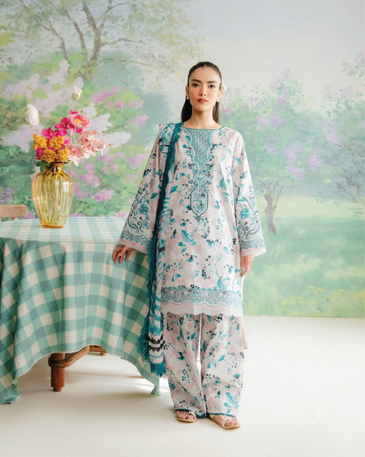 Pure Lawn Elegent Blue Printed Dress - LL107