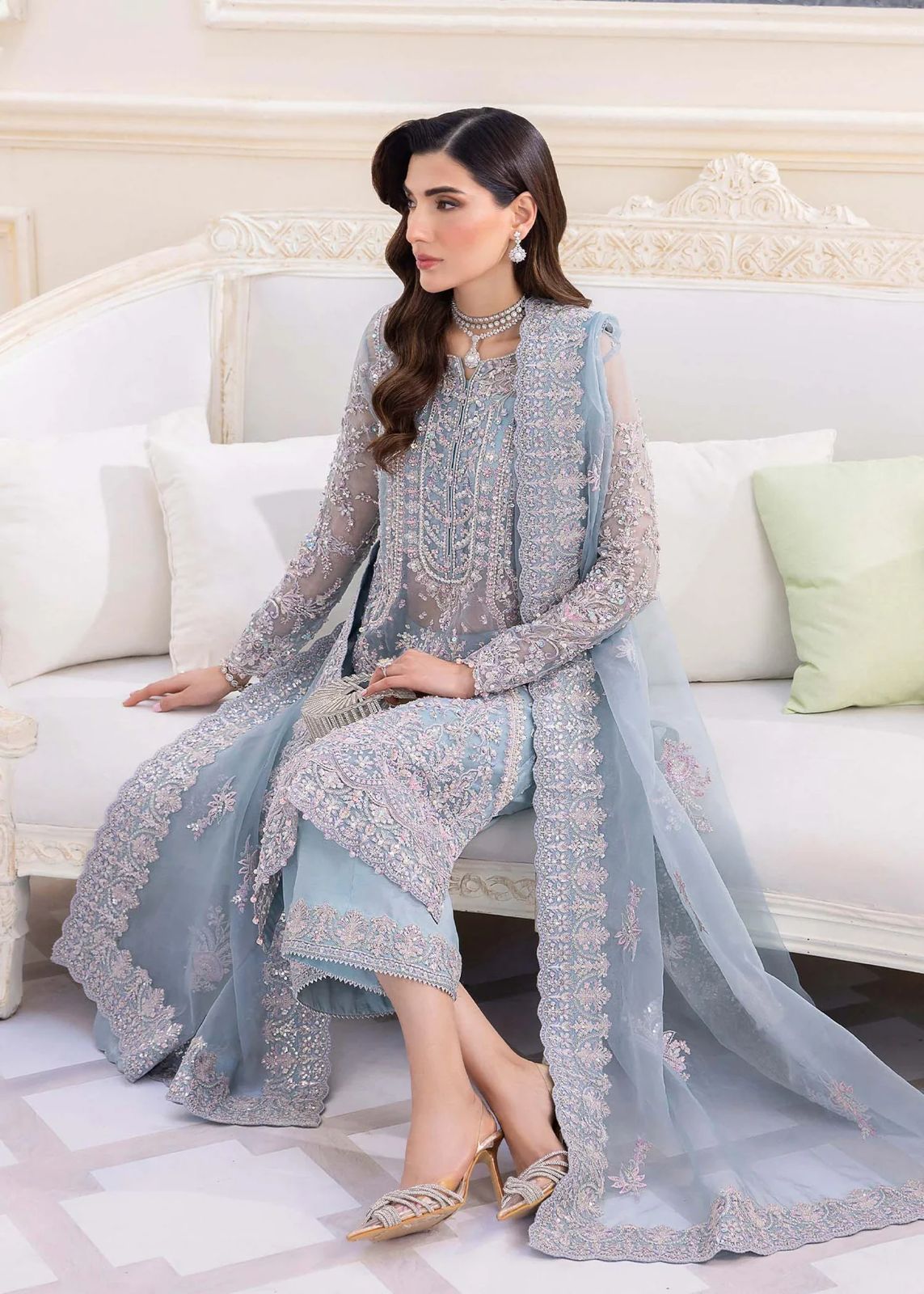 Pure Chiffon Sky Blue Embroidered Dress : PW201