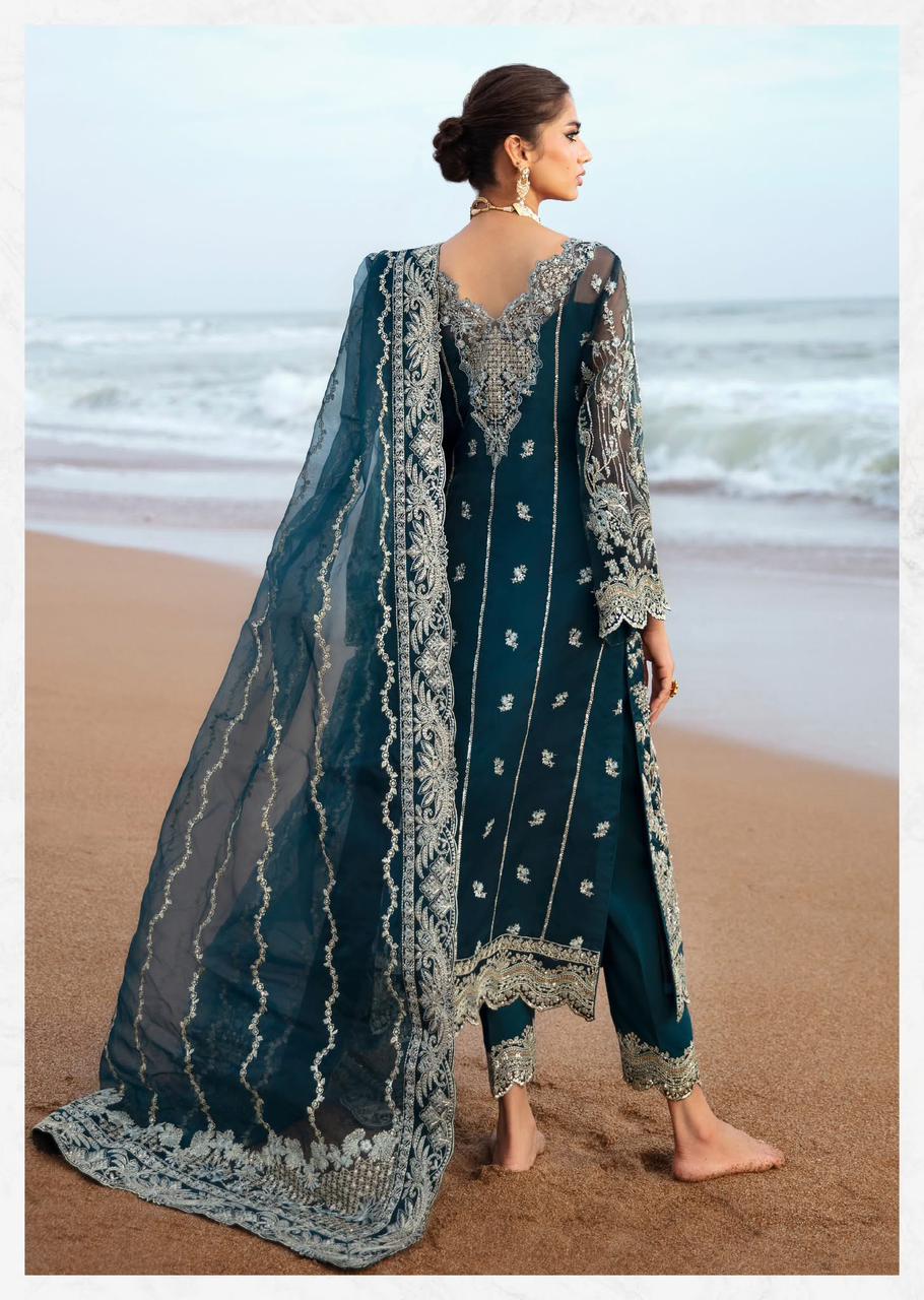 Pure Chiffon Navy Blue Embroidered Dress - WW256