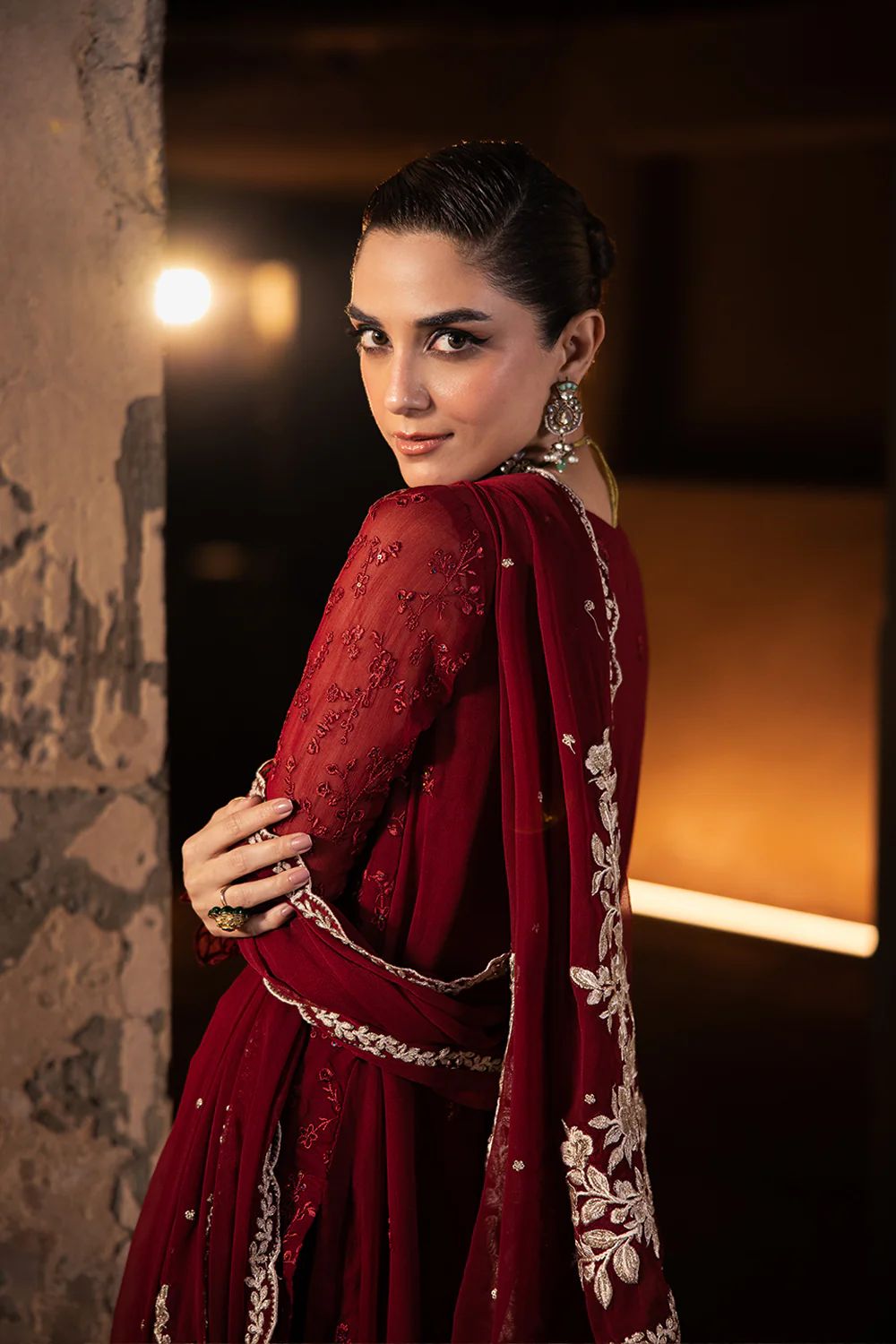 Pure Chiffon Reddish Mahroon Embroidered Dress - WW258