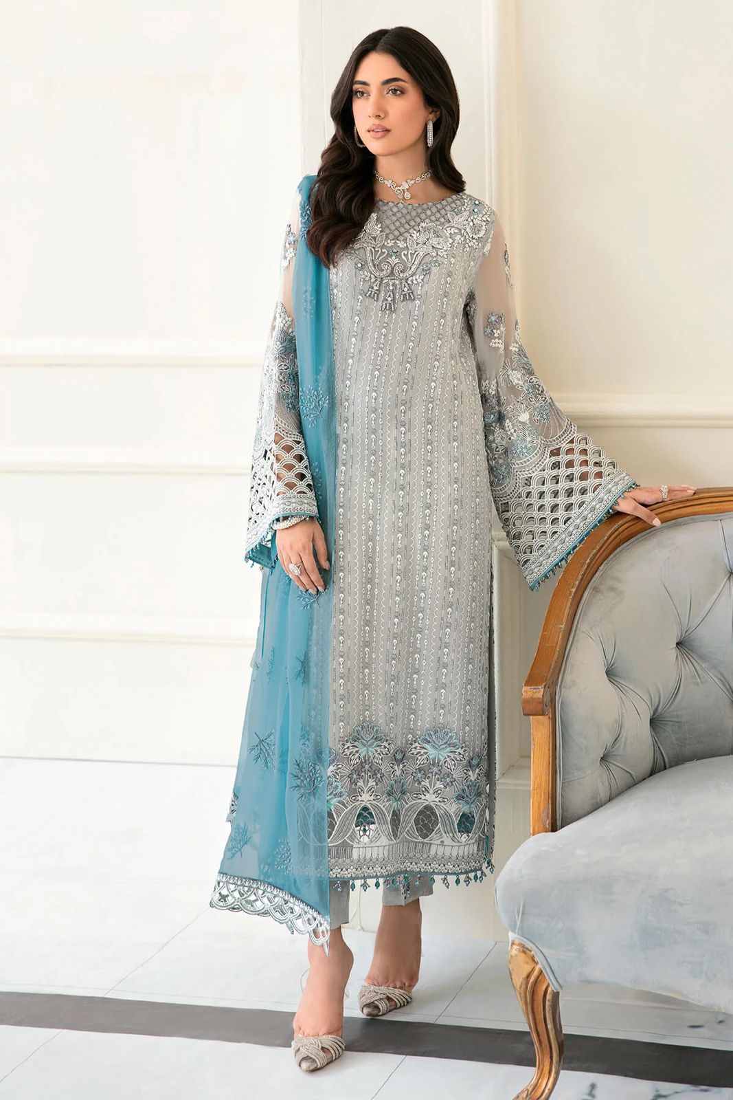Pure Chiffon Grey Embroidered Dress - WW283