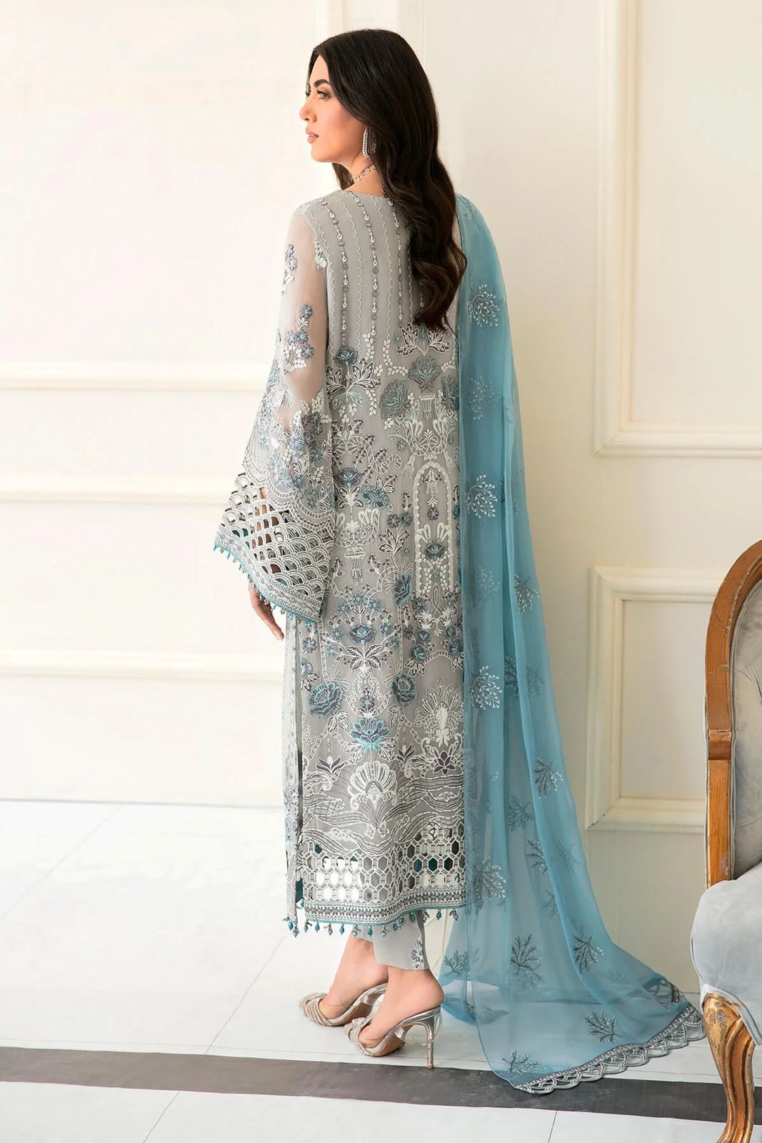 Pure Chiffon Grey Embroidered Dress - WW283