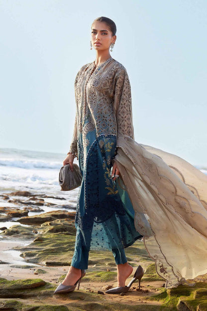 Pure Net Beige & Teal Blue Embroidered Dress - WW305