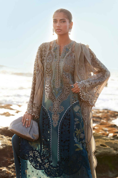Pure Net Beige & Teal Blue Embroidered Dress - WW305