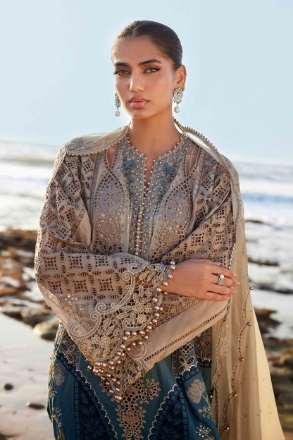 Pure Net Beige & Teal Blue Embroidered Dress - WW305
