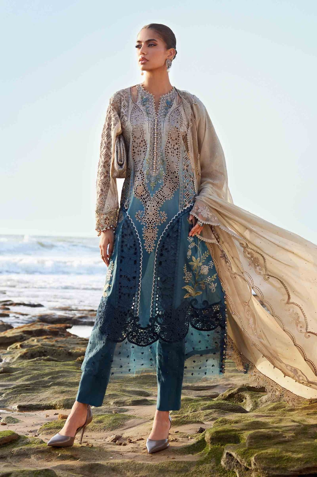 Pure Net Beige & Teal Blue Embroidered Dress - WW305