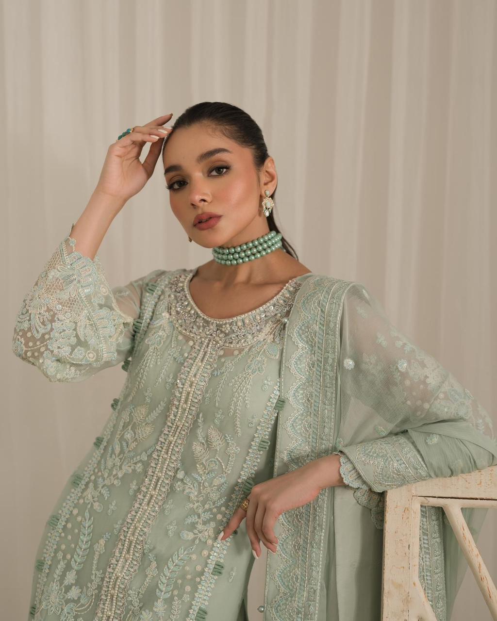 Pure Chiffon Pista Green Embroidered Dress - WW299