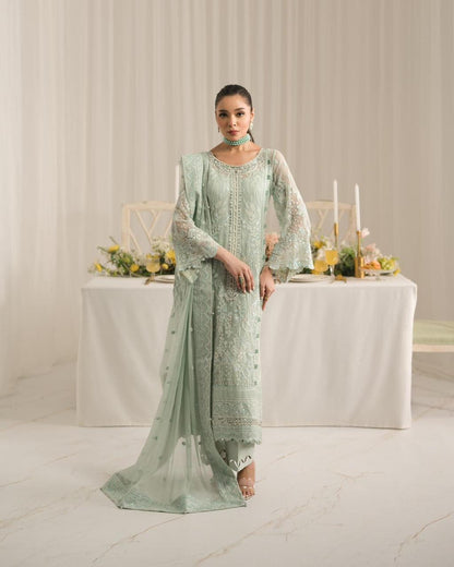 Pure Chiffon Pista Green Embroidered Dress - WW299