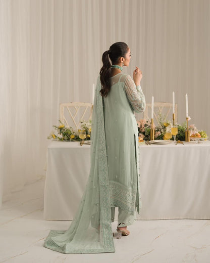 Pure Chiffon Pista Green Embroidered Dress - WW299