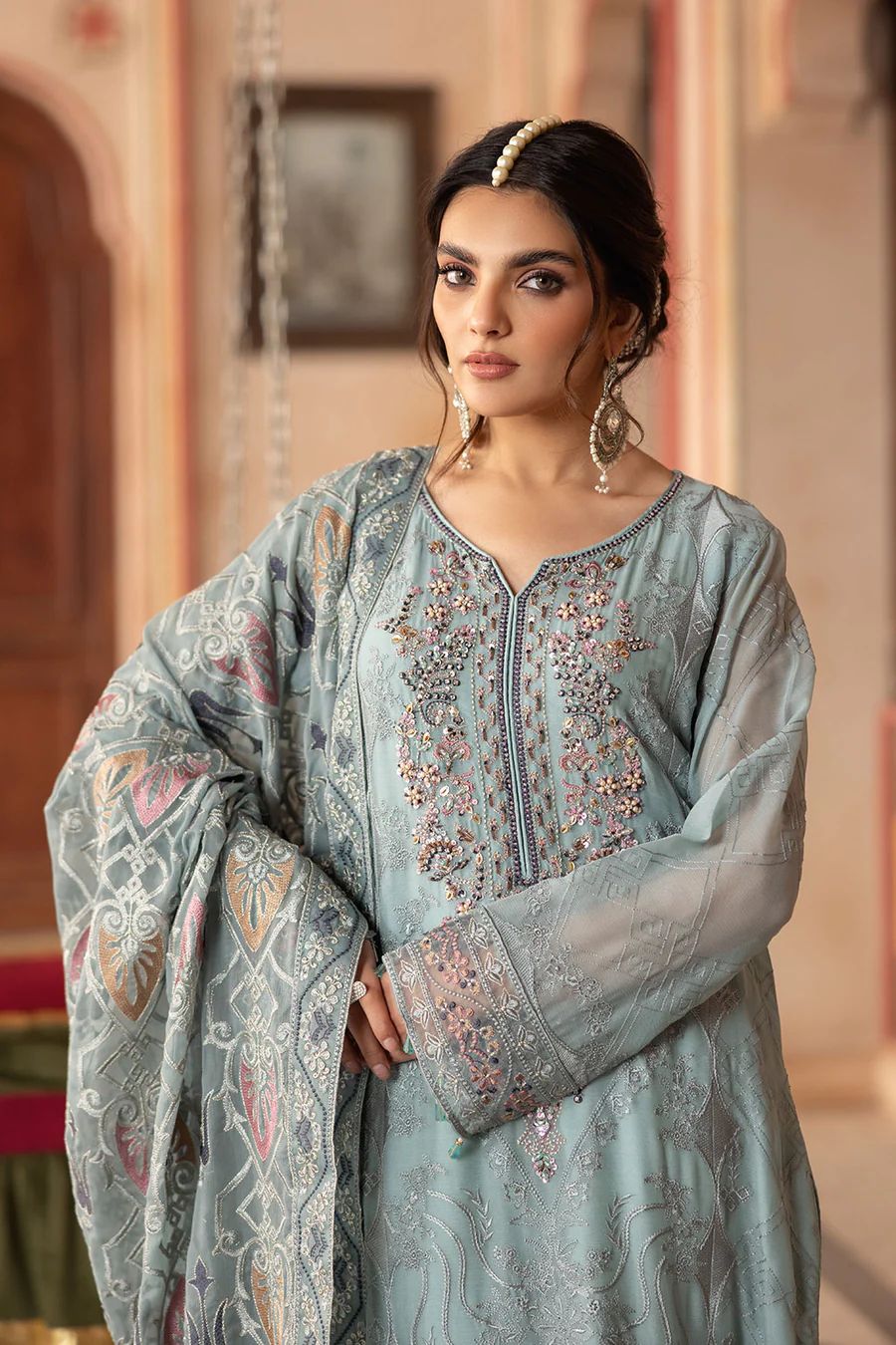 Pure Chiffon Sky Blue Embroidered Dress - WW310