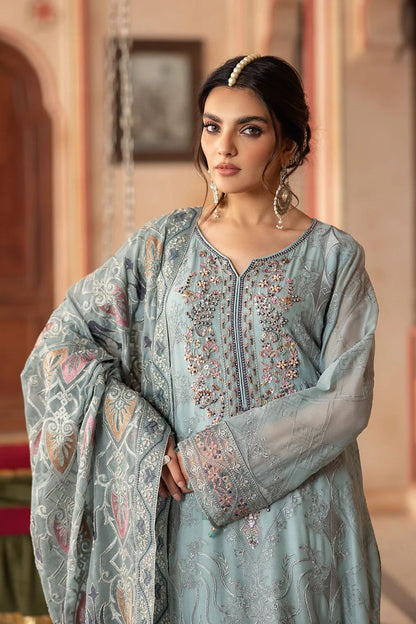 Pure Chiffon Sky Blue Embroidered Dress - WW310
