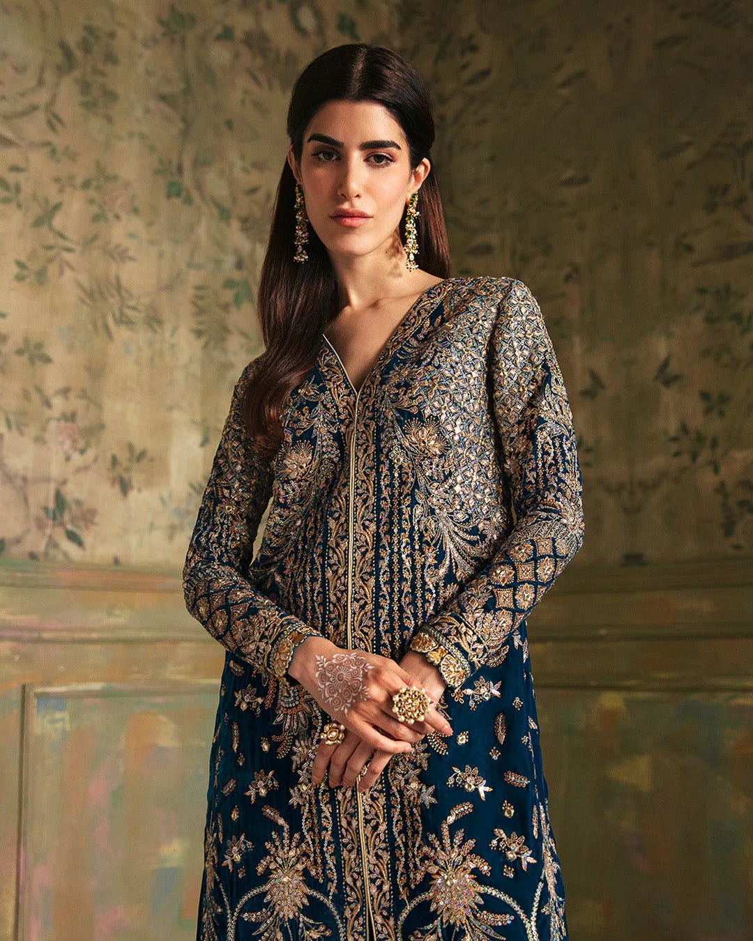 Pure Velvet Teal Blue Embroidered Dress - VC017