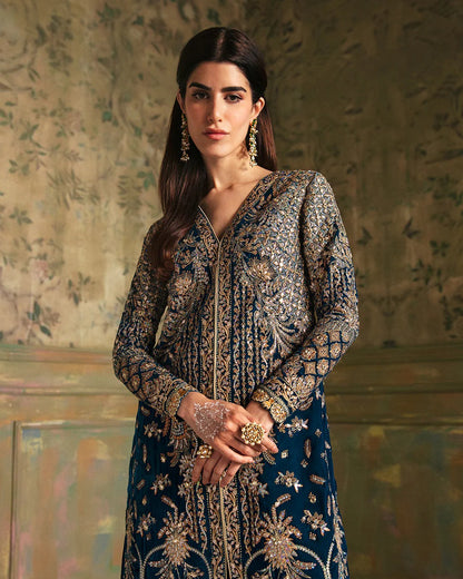 Pure Velvet Teal Blue Embroidered Dress - VC017