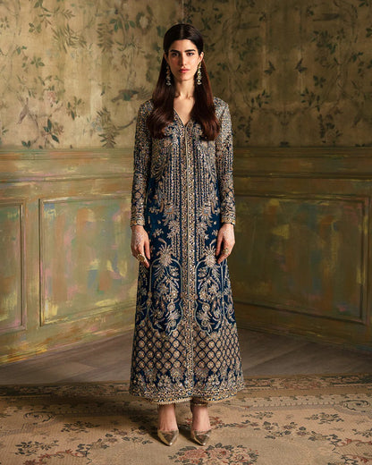 Pure Velvet Teal Blue Embroidered Dress - VC017