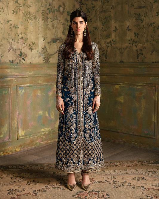 Pure Velvet Teal Blue Embroidered Dress - VC017