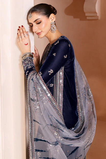 Pure Velvet Navy Blue Embroidered Dress With Matching Clutch - VC024