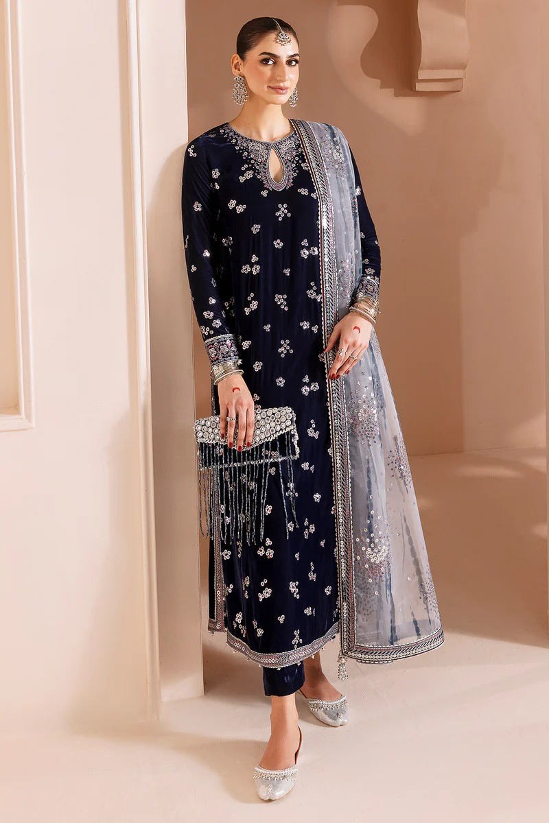 Pure Velvet Navy Blue Embroidered Dress With Matching Clutch - VC024
