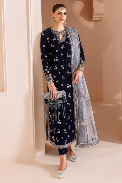 Pure Velvet Navy Blue Embroidered Dress With Matching Clutch - VC024