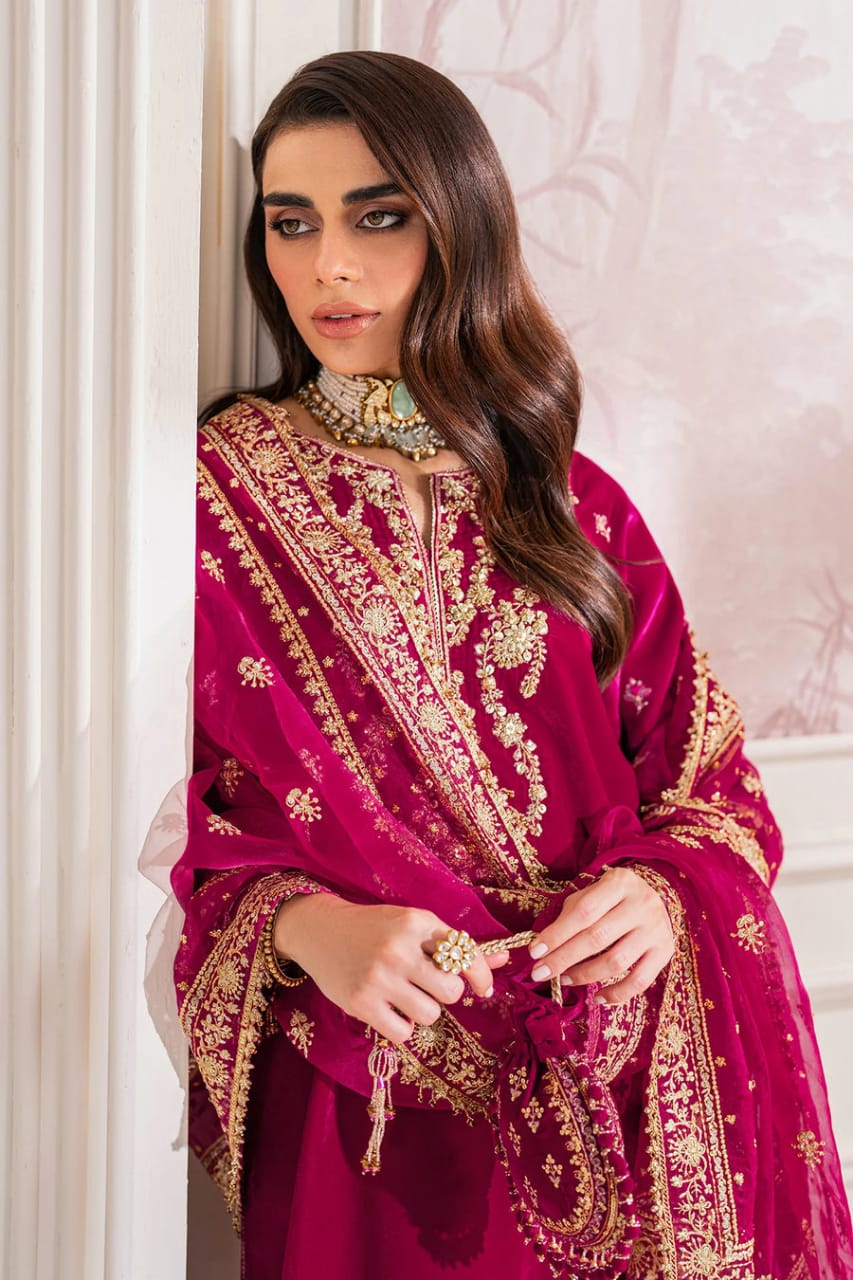 Pure Velvet Pink Embroidered Dress with Hand Bag - VC016