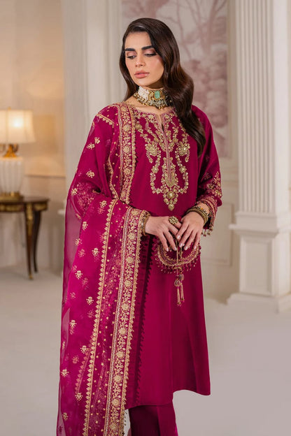 Pure Velvet Pink Embroidered Dress with Hand Bag - VC016