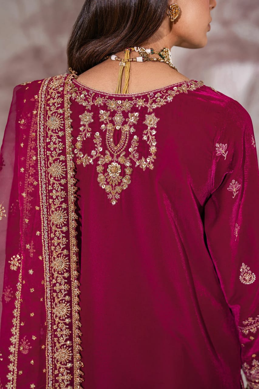 Pure Velvet Pink Embroidered Dress with Hand Bag - VC016