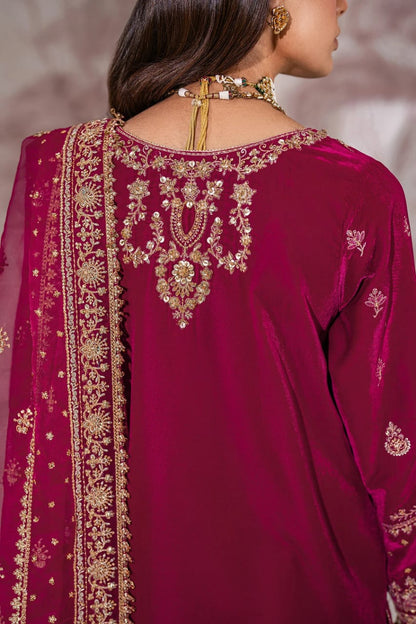 Pure Velvet Pink Embroidered Dress with Hand Bag - VC016